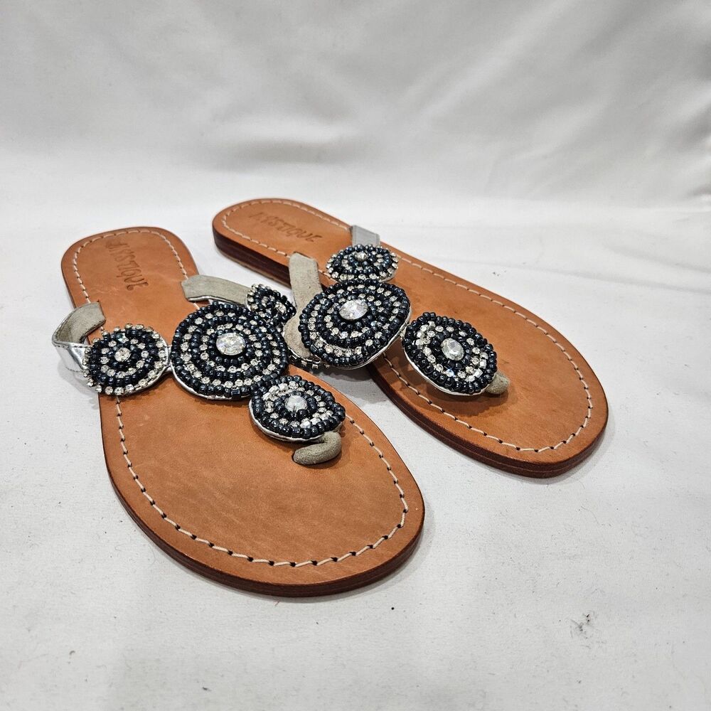 Mystique Womens Leather Flip Flop Sandals Size 8 Blue Brrown Embellished Resort